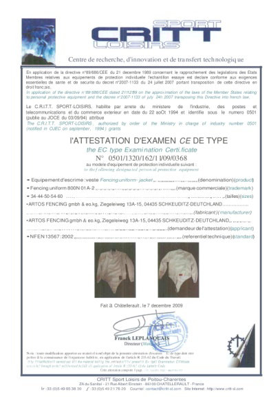 Zertifikat CE-Norm ARTOS Fechtjacke